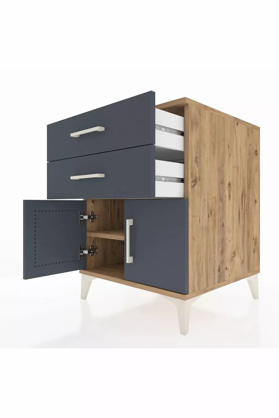 Kronos Table de chevet avec une étagère, 2 tiroirs et 2 portes, pin-anthracite