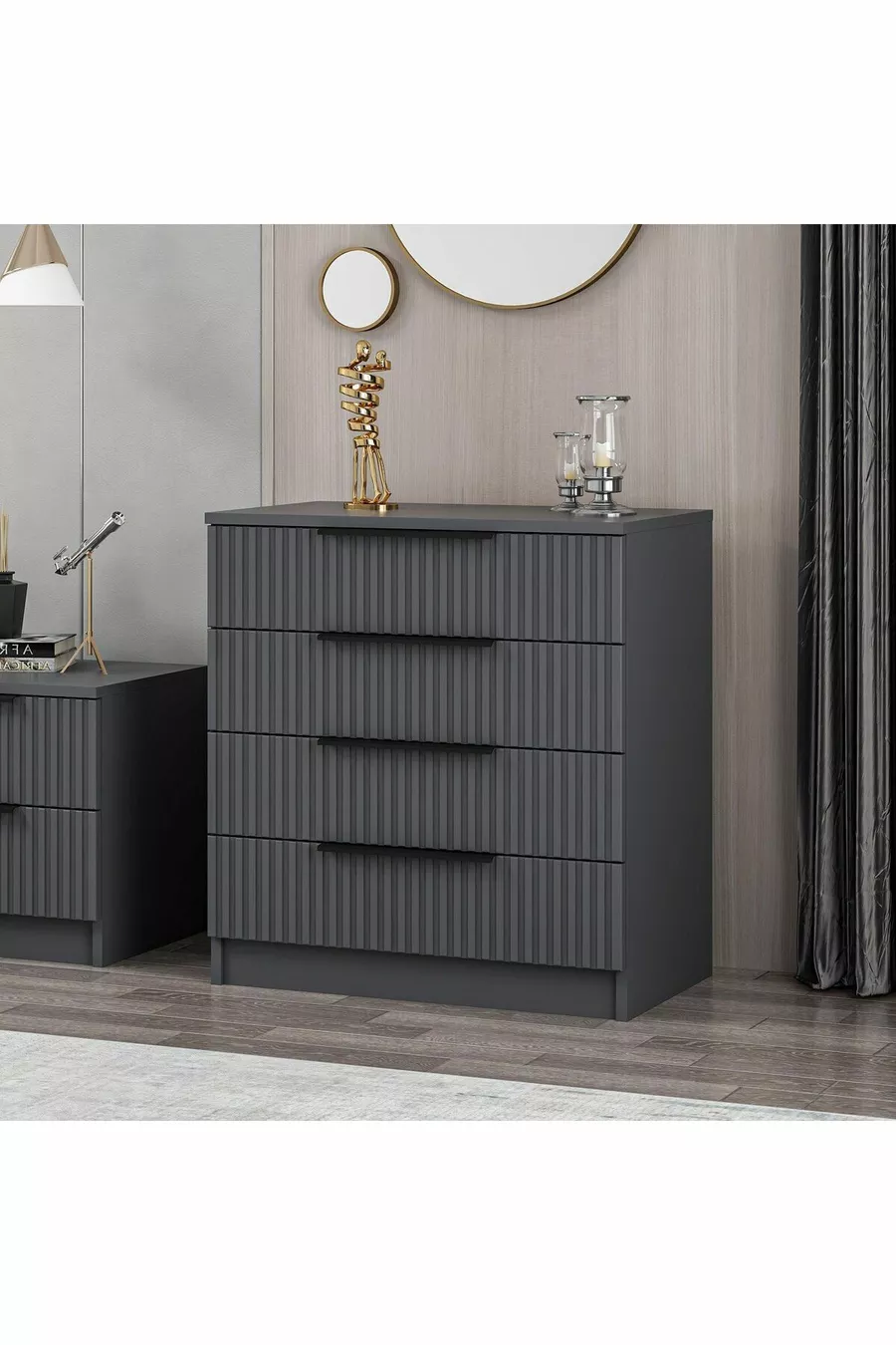 -chiffonnier Kale 4 tiroirs - Anthracite avec motifs rayés en membrane