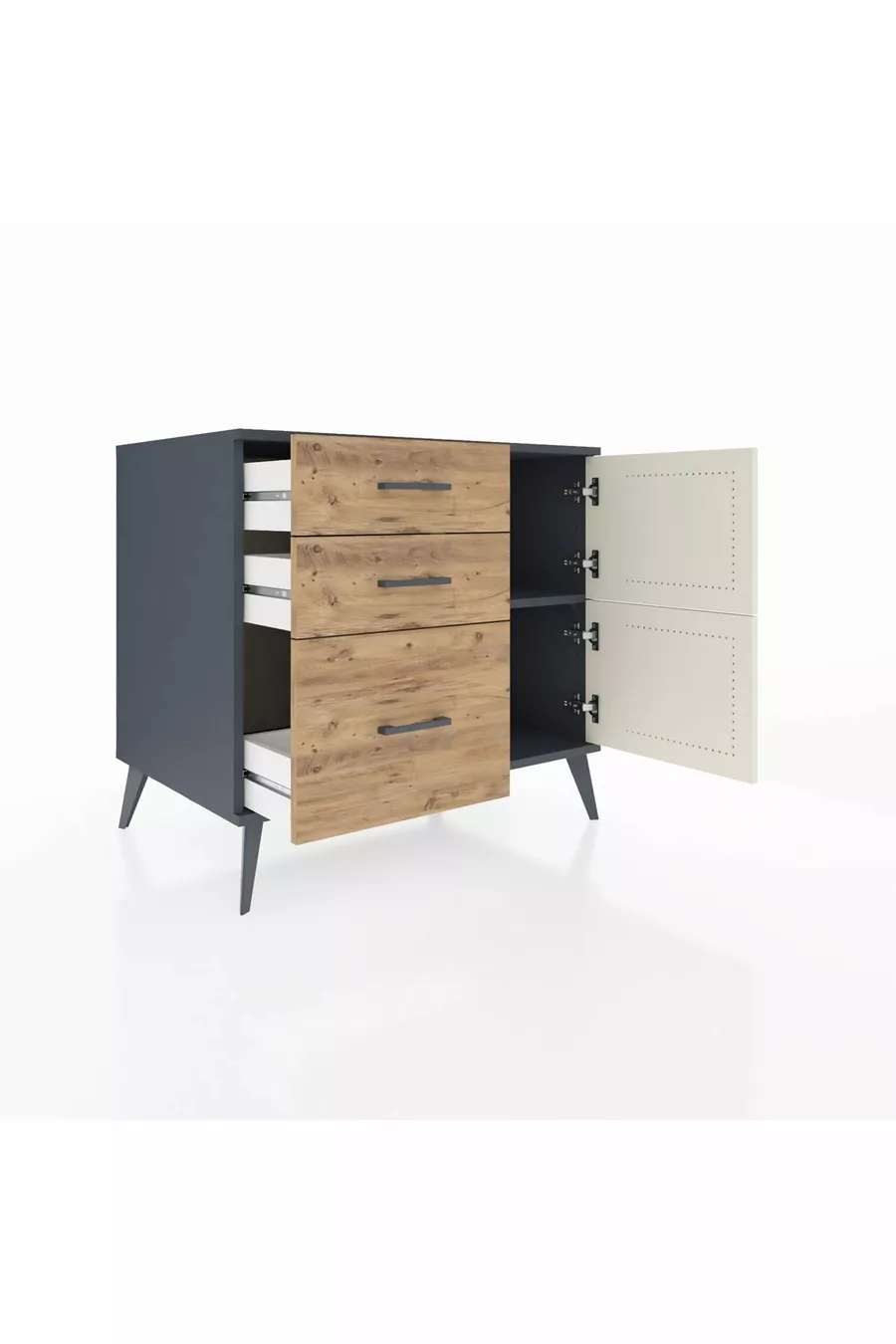 Commode Kronos à une étagère, 3 tiroirs, 2 portes, anthracite-pierre grise/pin