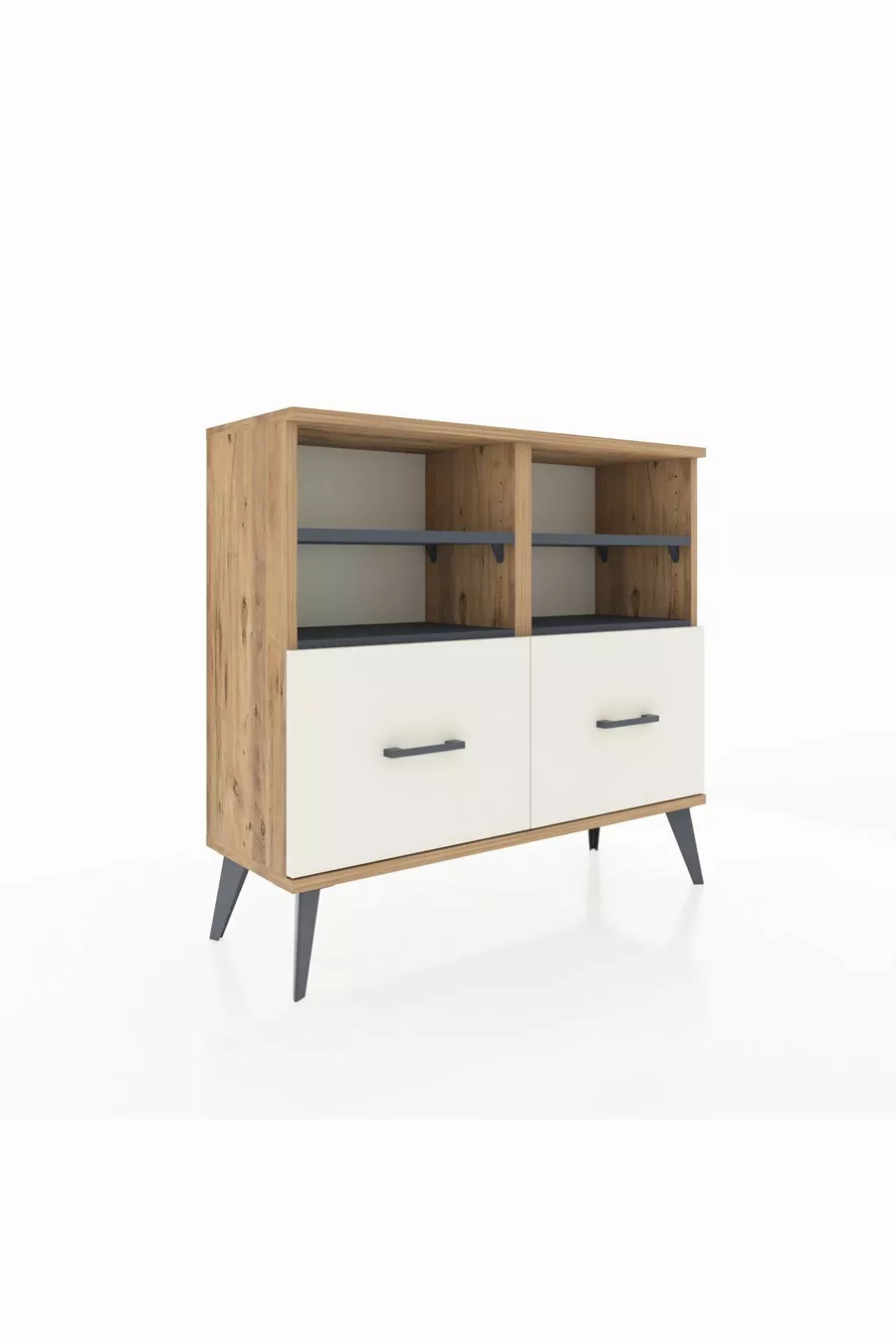 Commode Arges 4 étagères 2 tiroirs Pin-Anthracite/Gris pierre