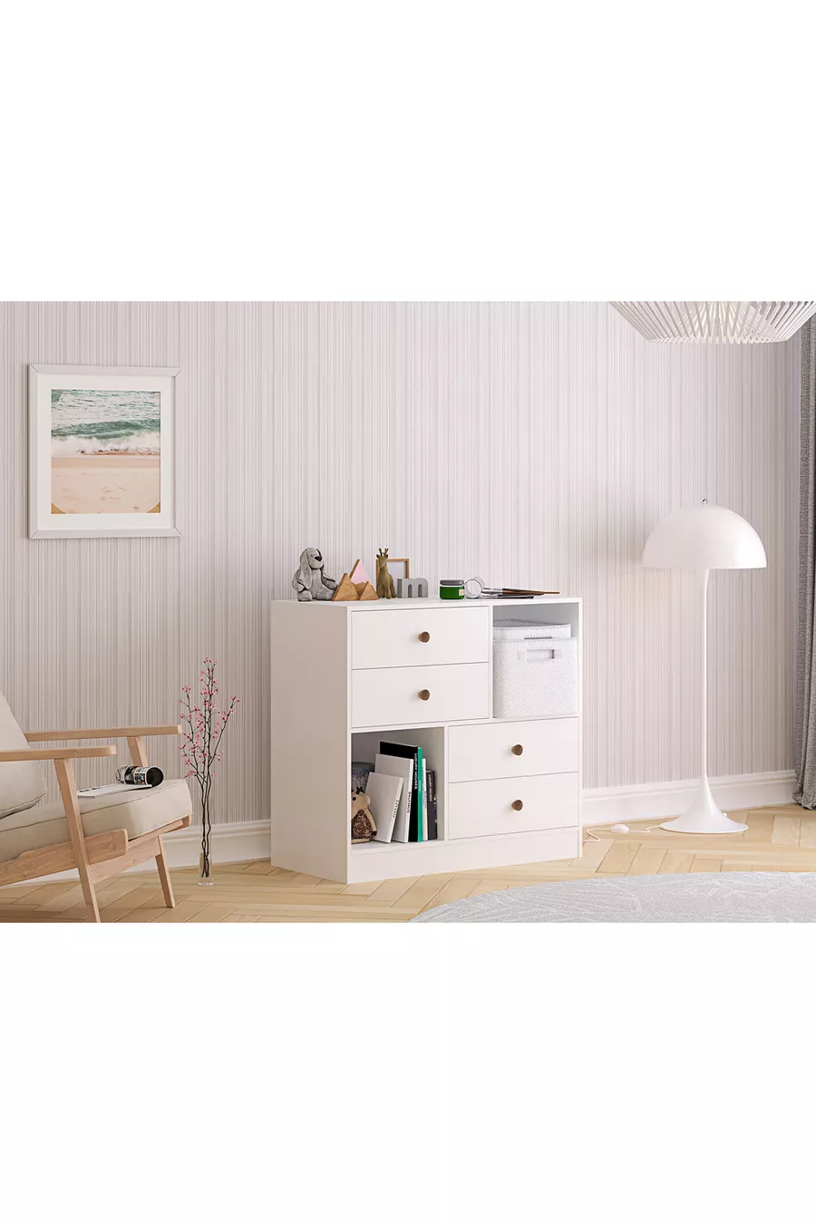 Elif Modern Kommode mit 4 Schubladen und 2 Regalen