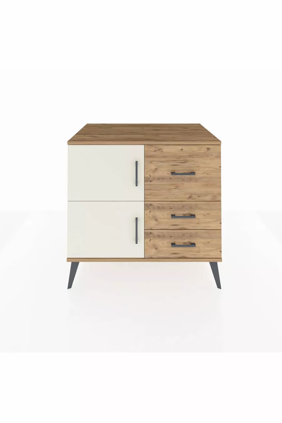 Commode Kronos à une étagère, 3 tiroirs et 2 portes, Pin-Aigue-marine/Pin