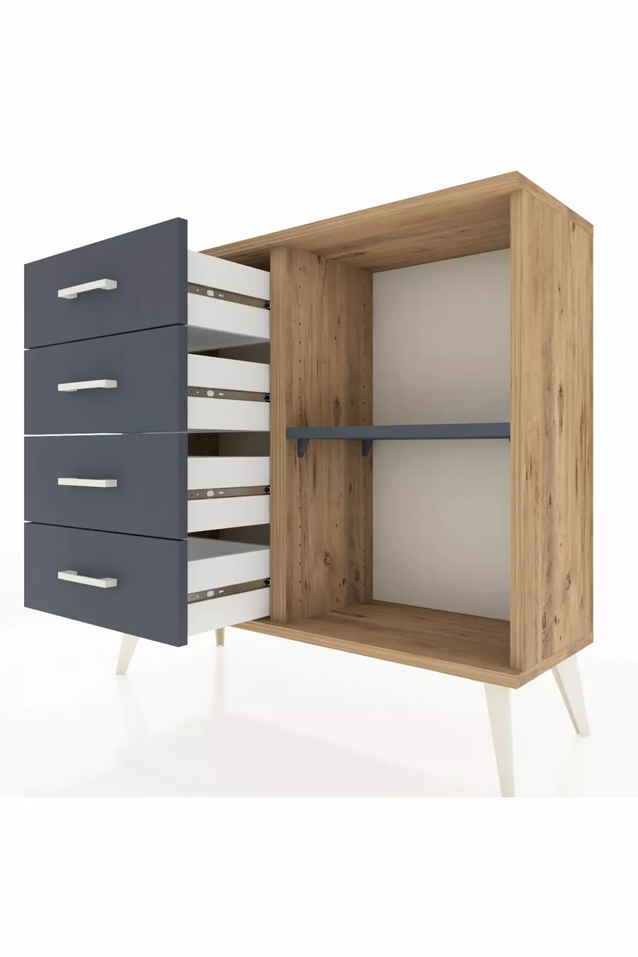 Commode Arges à une étagère et 4 tiroirs en pin-anthracite