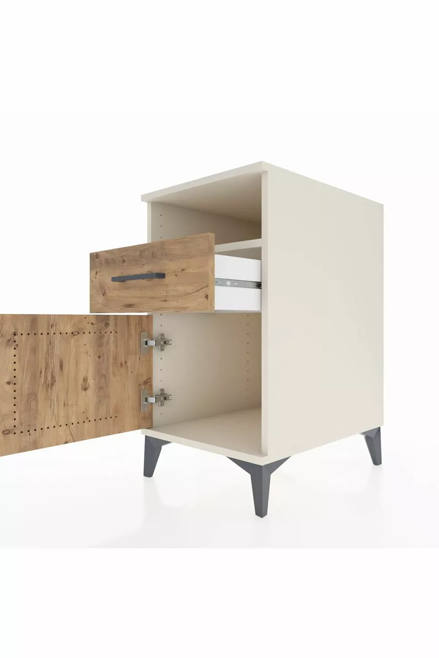 Table de chevet Kronos avec une étagère, un tiroir et une porte, Ambre-Débord