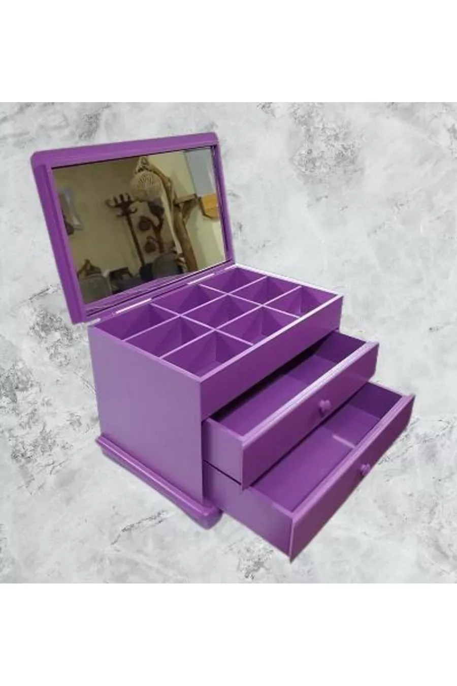 Hobi ERDL Bijoux Maquillage Commode 2 Tiroirs Miroir Brillant Violet Bois MDF Fait Main