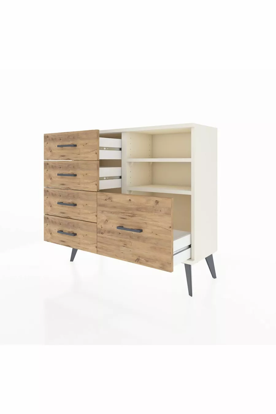 Comò Arges con 2 Ripiani e 5 Cassetti Alabastro/Abete