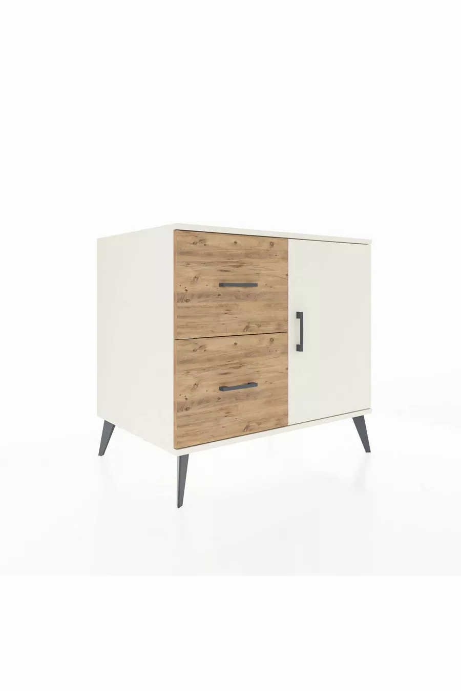 Commode Kronos à une étagère, deux tiroirs et une porte, couleur Pierre de Lune / Pin