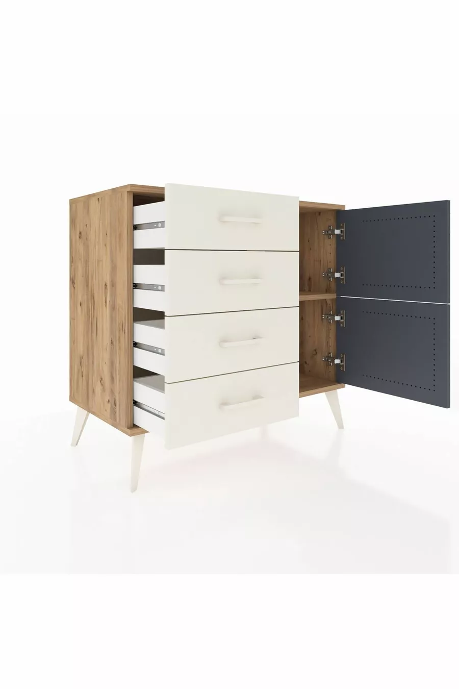 Commode Hyperion avec une seule étagère, 4 tiroirs et 2 portes, pin-anthracite/pierre de lune