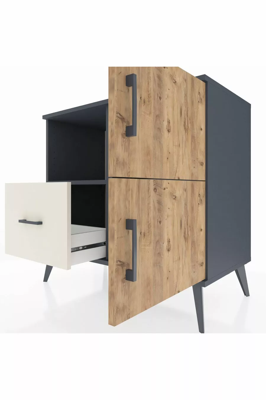 Commode Hyperion à 2 étagères, 1 tiroir, 2 portes, Anthracite-Sapin/Pierre de Lune