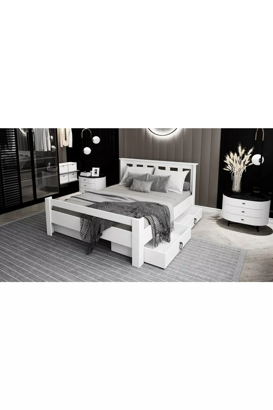 Lit double Arya compatible avec matelas, en MDF blanc avec tiroirs Maçy-1
