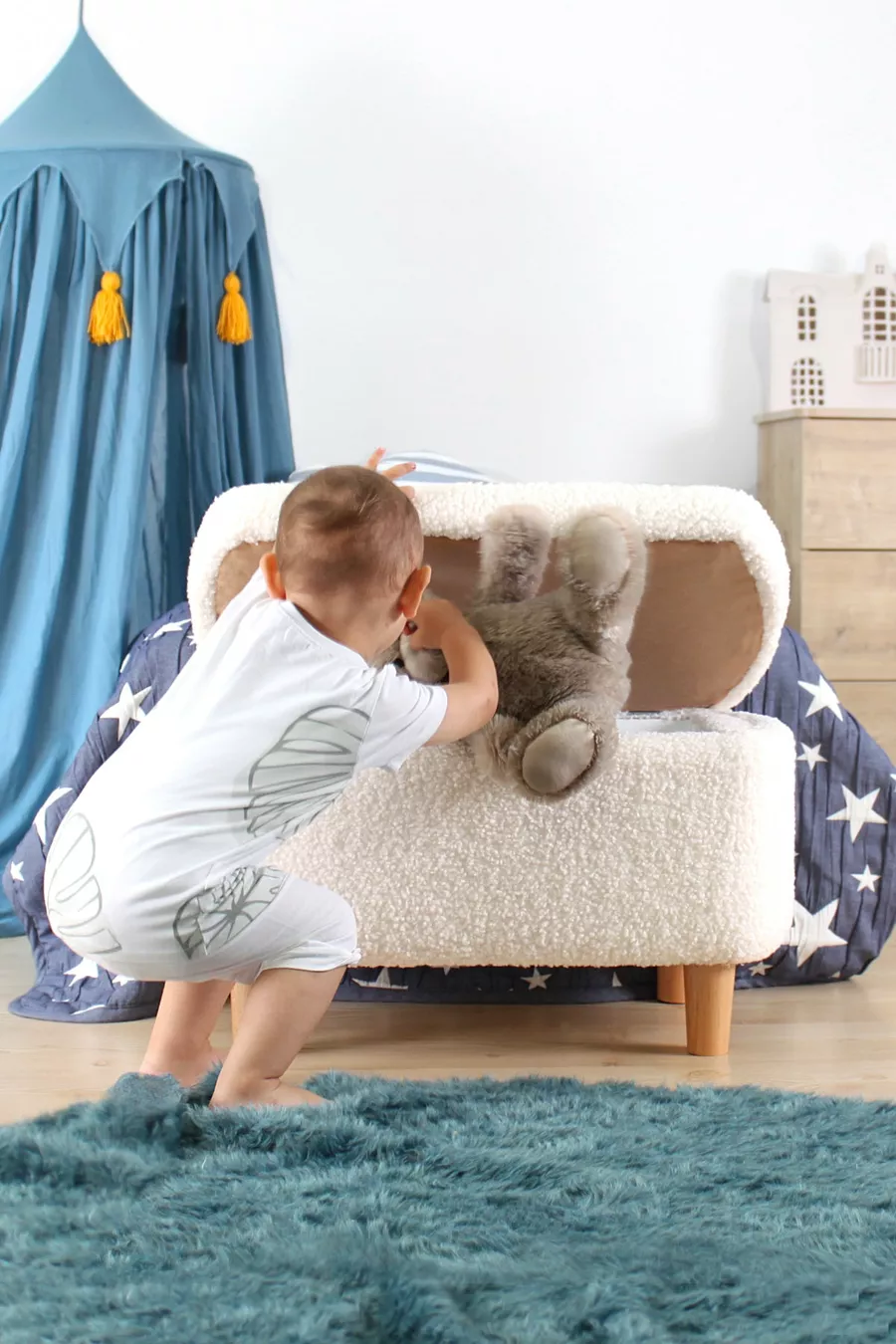 Pouf pour enfant Yomme avec rangement - blanc Teddy