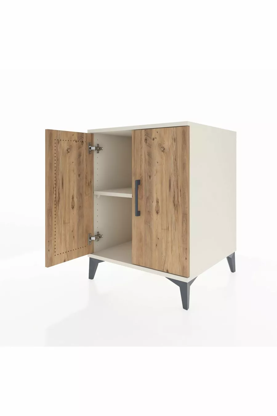 Kronos Table de chevet à une étagère et deux portes, Pierre de lune-Pin