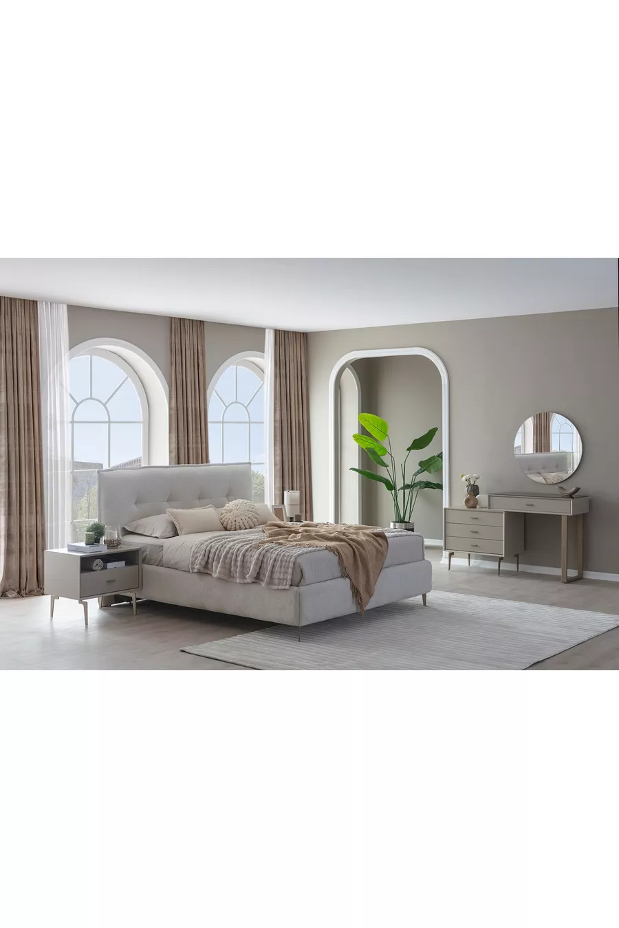 ENSEMBLE DE CHAMBRE PANDOR NOX AVEC VITRINE, MODULE D'ANGLE, CRÈME