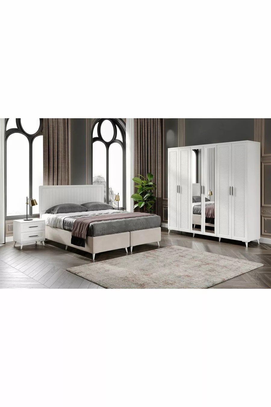 Complete MDF Paris White Bedroom Set with 6 Doors and Bed Base