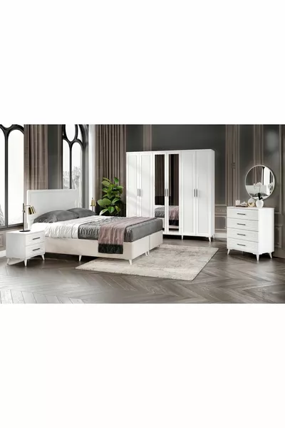 Complete MDF Paris White Bedroom Set with 6 Doors and Bed Base