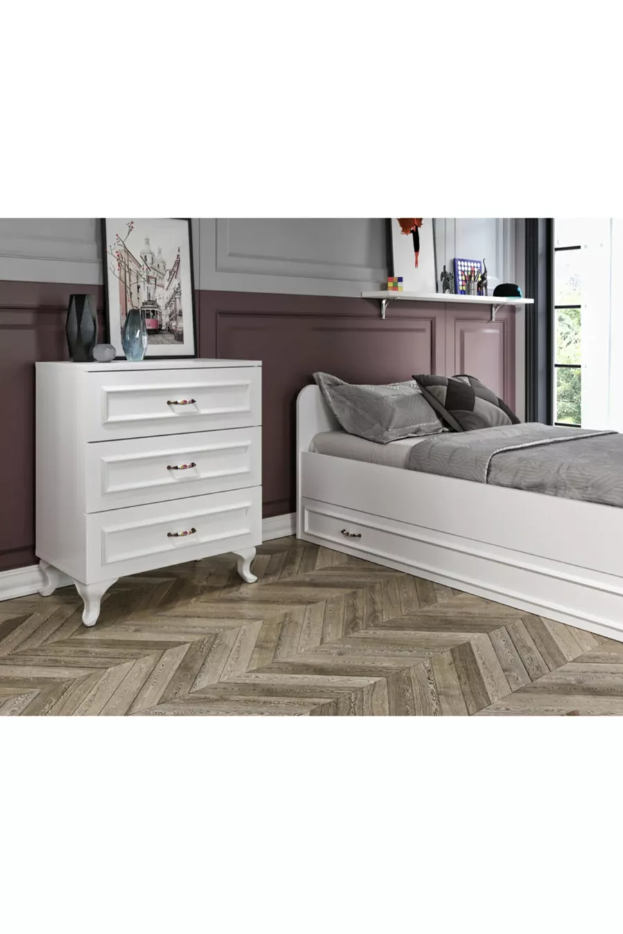Ensemble de chambre Kartopu Country - Armoire à 3 portes, Lit superposé, Commode à 3 tiroirs, entièrement en MDF