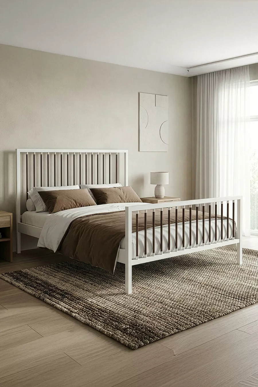 Lit double en métal forgé Breeze (BLANC-MARRON) (Avec lattes en bois)