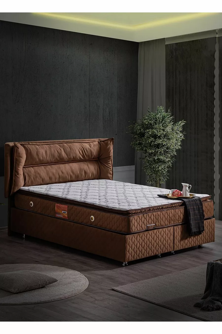 Ensemble Lit Double Barcelona, Tête de Lit et Sommier Double - Marron