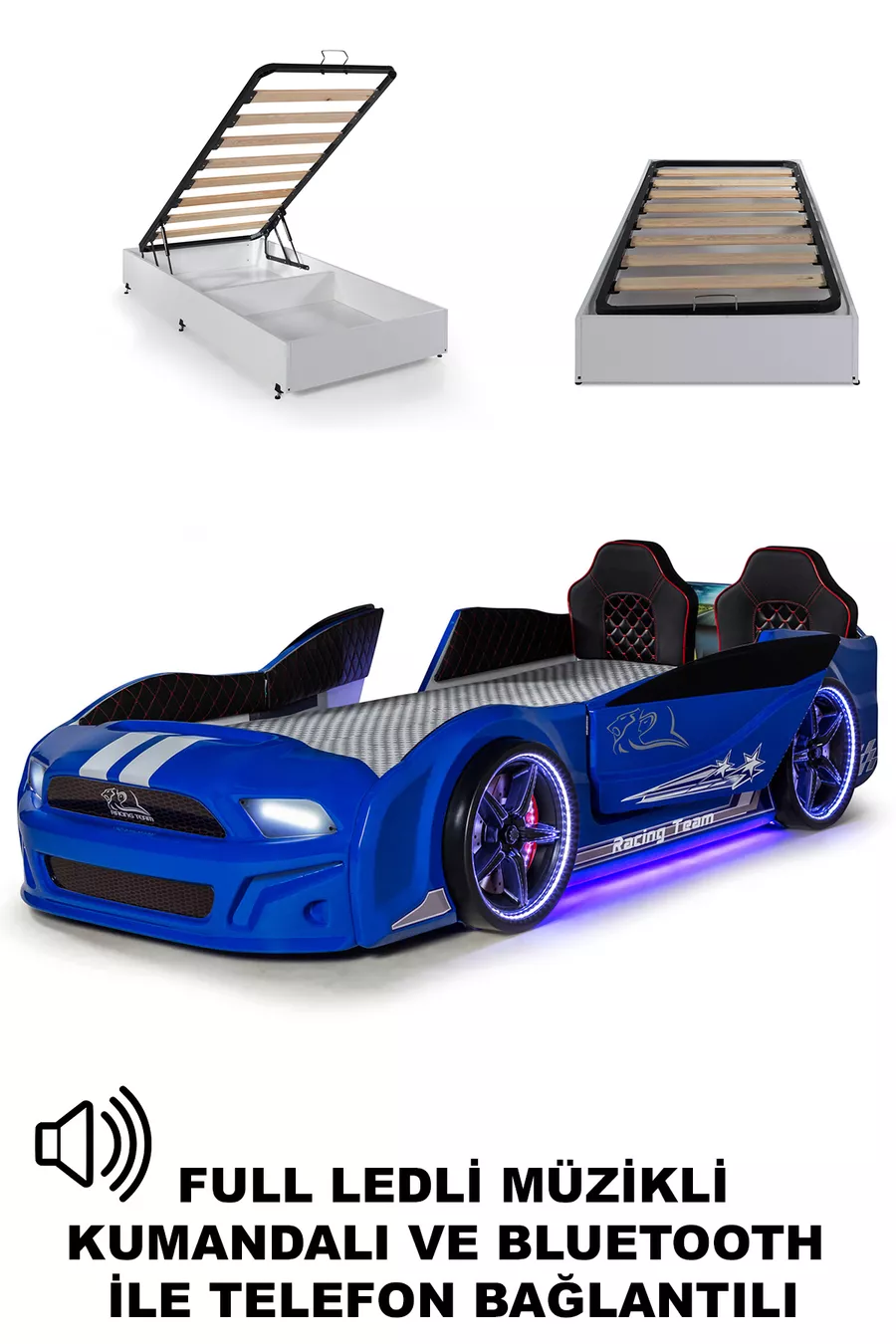 Bed with Base and Car Design, Mustang Style, Full LED, Remote Controlled and Musical