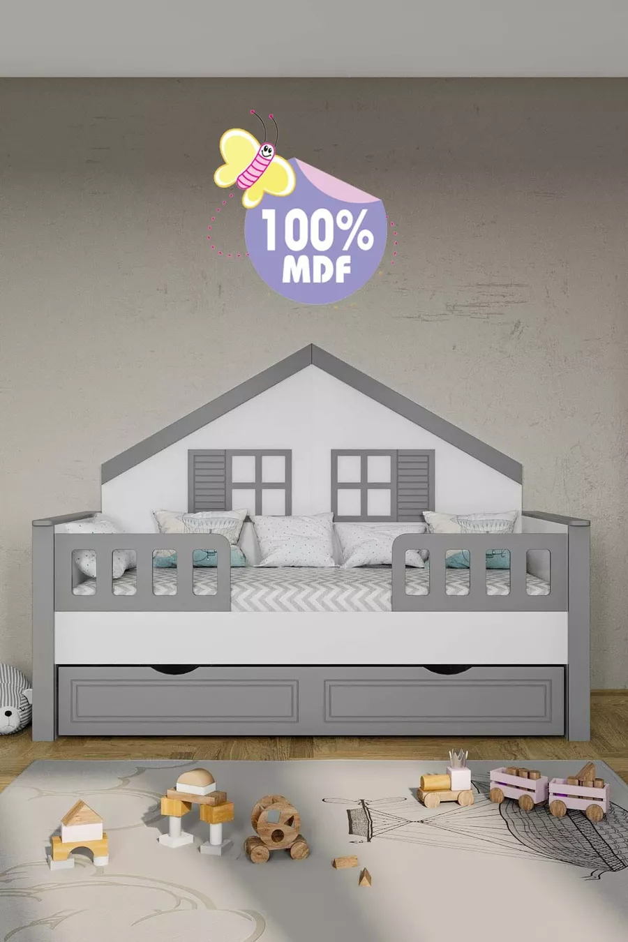 % MDF Materiaal Kinder Montessori Bed met Lade, Grijs