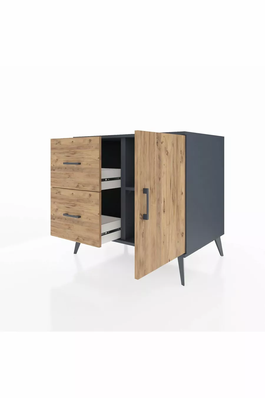 Commode Kronos avec une étagère, 2 tiroirs et une porte, Anthracite-Pin