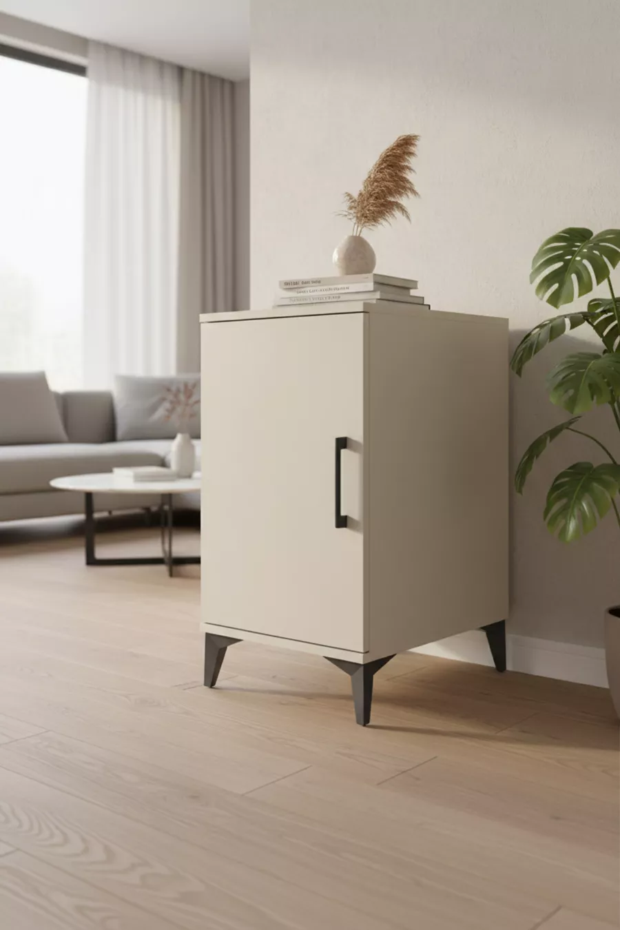 Table de chevet Aura avec 2 étagères et une porte en pierre de lune | Élégante et pratique