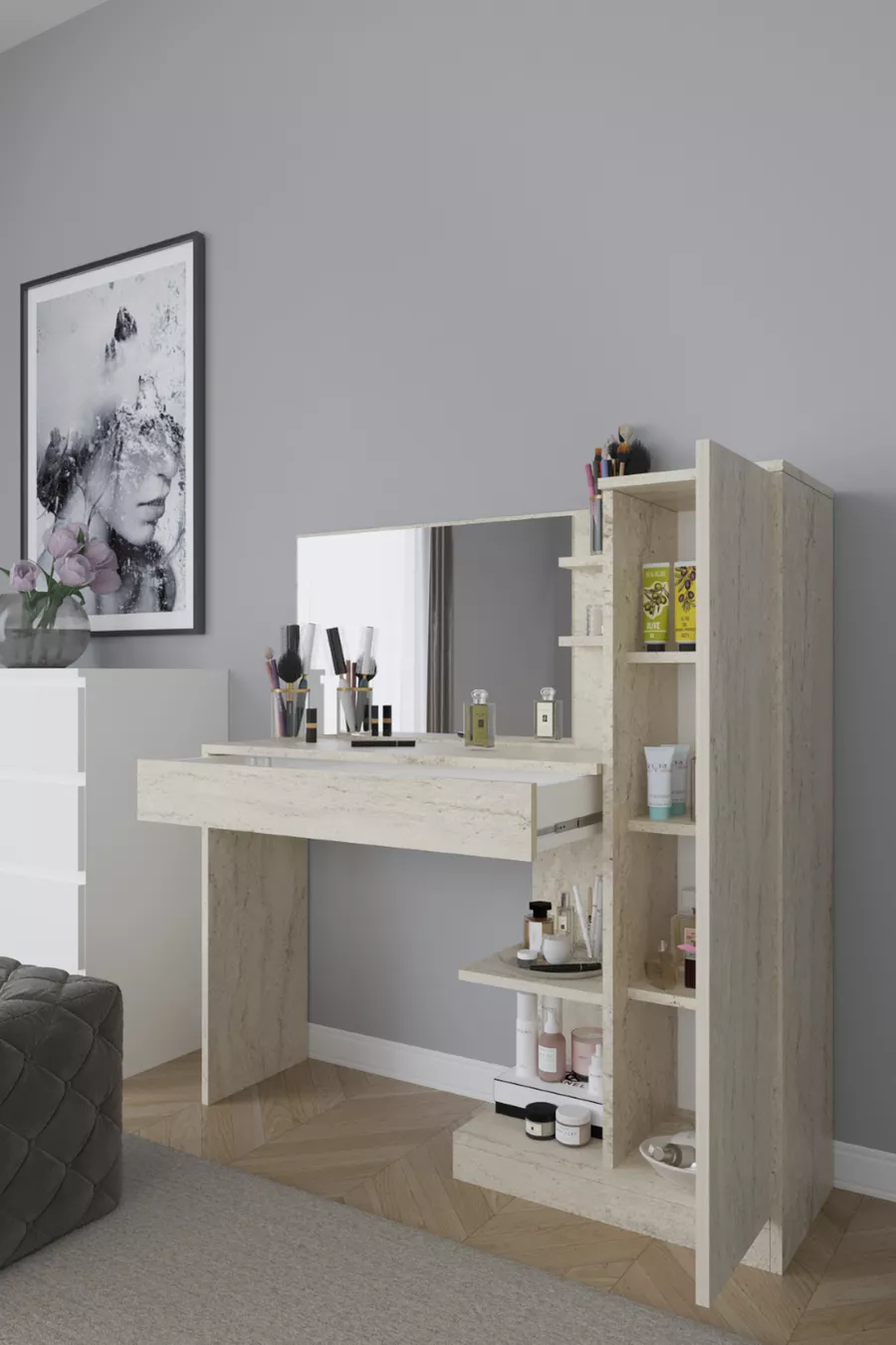 Orkide Schminktisch, mit 1 Schublade, Schrank und Spiegel