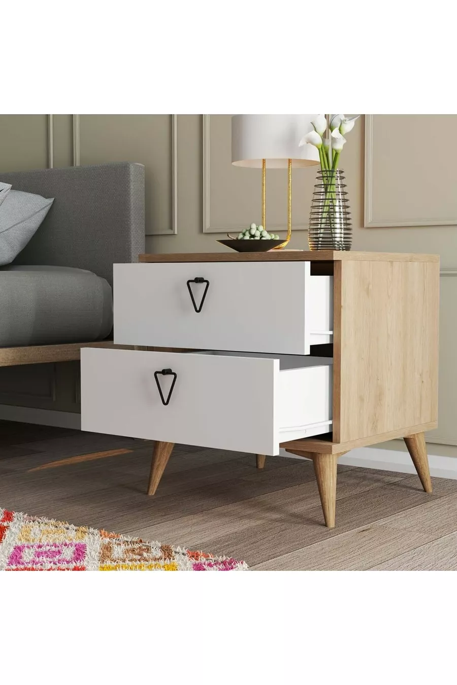 Table de chevet Versace 2 tiroirs avec panier - Blanc