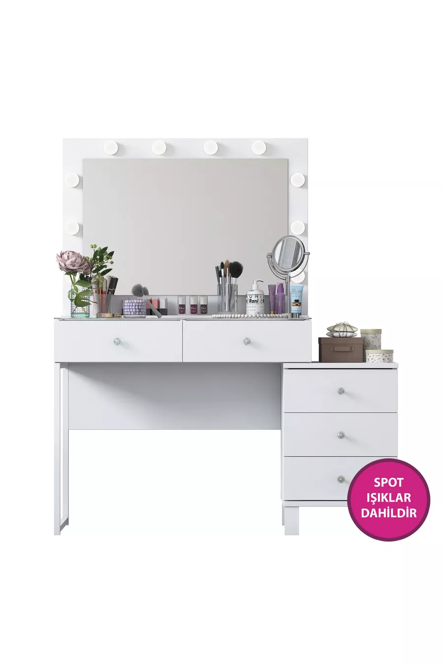 Rani Tavolo da Trucco con Specchio e Luci in Stile Hollywood con 5 Cassetti Organizzatore di Gioielli Bianco