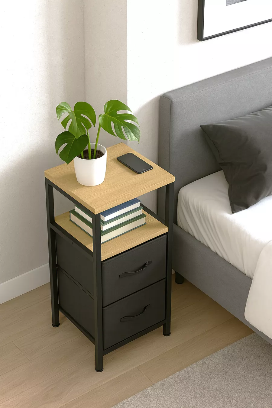 Table de chevet à 2 étagères avec tiroir en cuir, organiseur pour chambre à coucher, table de chevet en métal