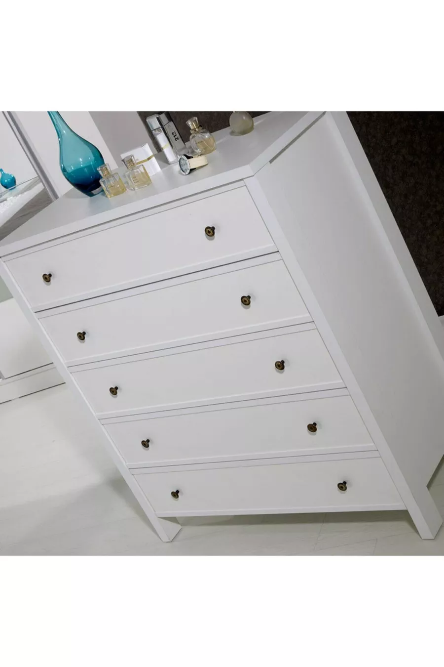 Comò moderno Rio a 5 cassetti con gambe, bianco
