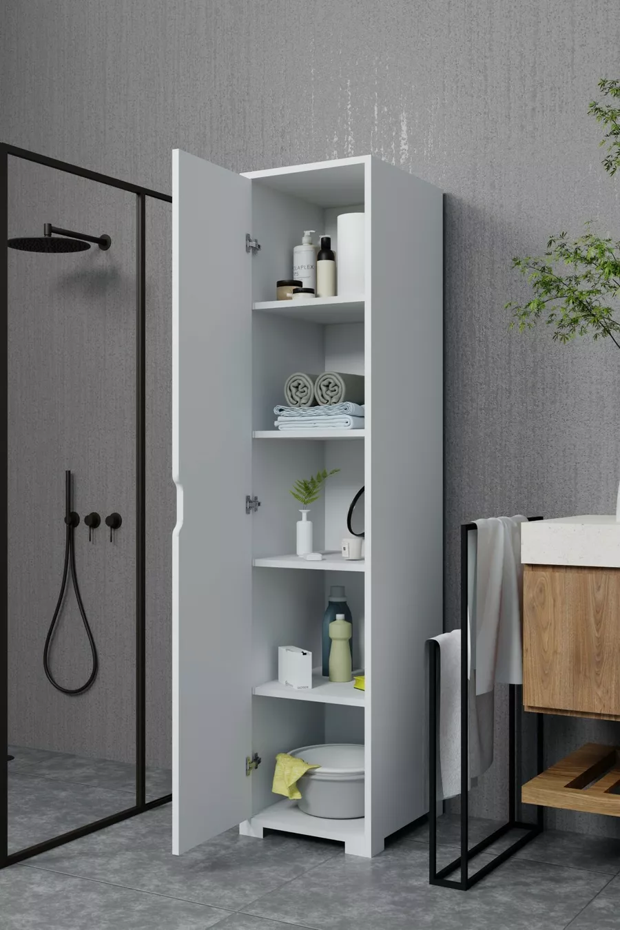 Duru Armoire simple porte pour salle de bain et vêtements, blanc mat,  cm, 5 étagères - Garde-robe