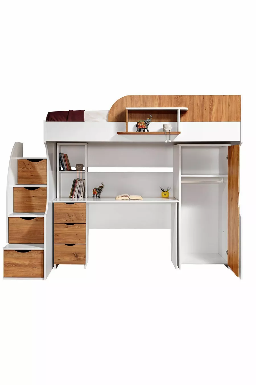 Bunk Bed, Litera Bunk Bed Wardrobe Desk, White-Dark Walnut 1 Comfort Mattress