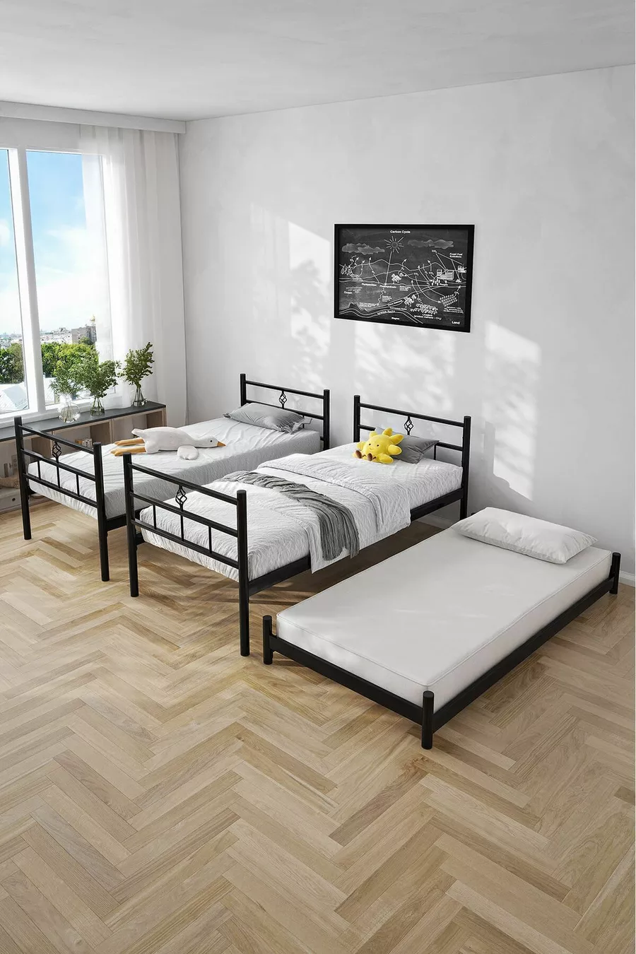 Koza Loft Bunk Bed Compatible with Mattress, 3-Person Black Metal Bunk Bed