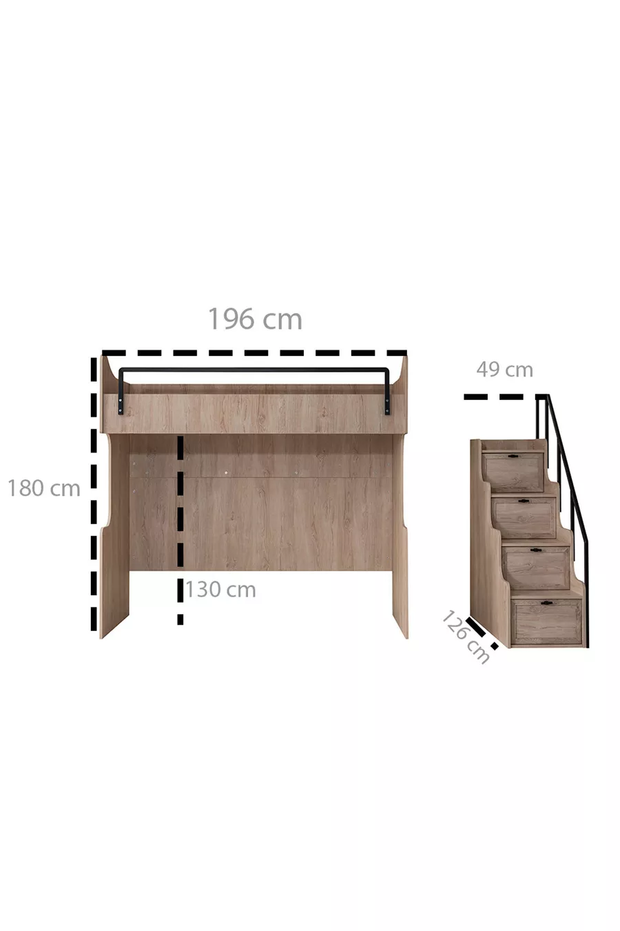 Lits superposés, Ensemble de chambre pour jeunes Polo avec bureau, lit superposé en noyer, armoire à 3 portes, 2 matelas Comfort