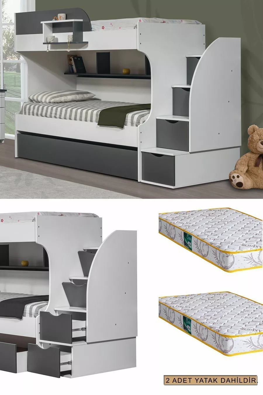 Lits superposés, Lit superposé Aura avec tiroirs - 2 matelas confort