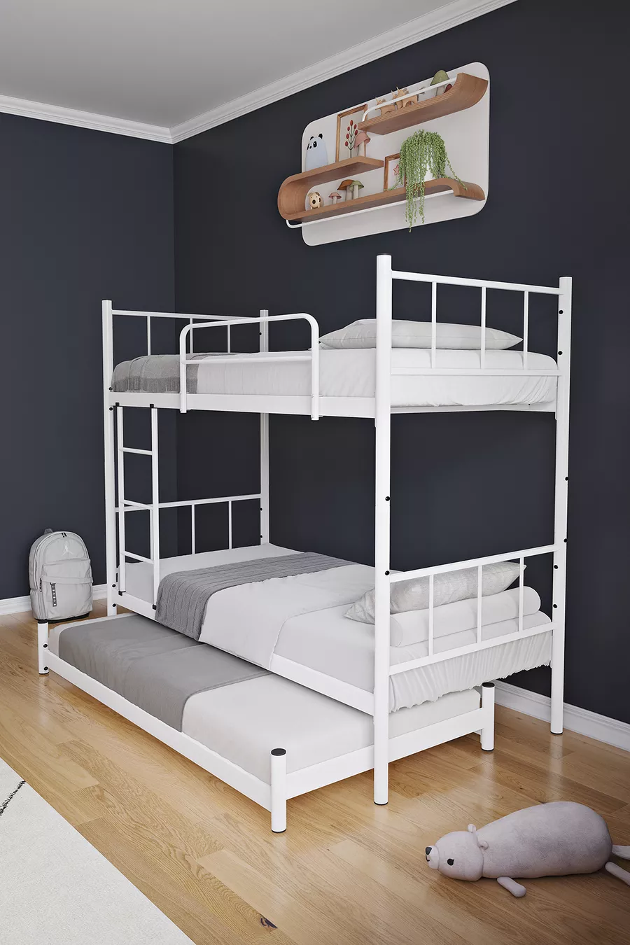 Lit superposé Tekno avec tiroirs, compatible lit, pour 3 personnes, en métal blanc