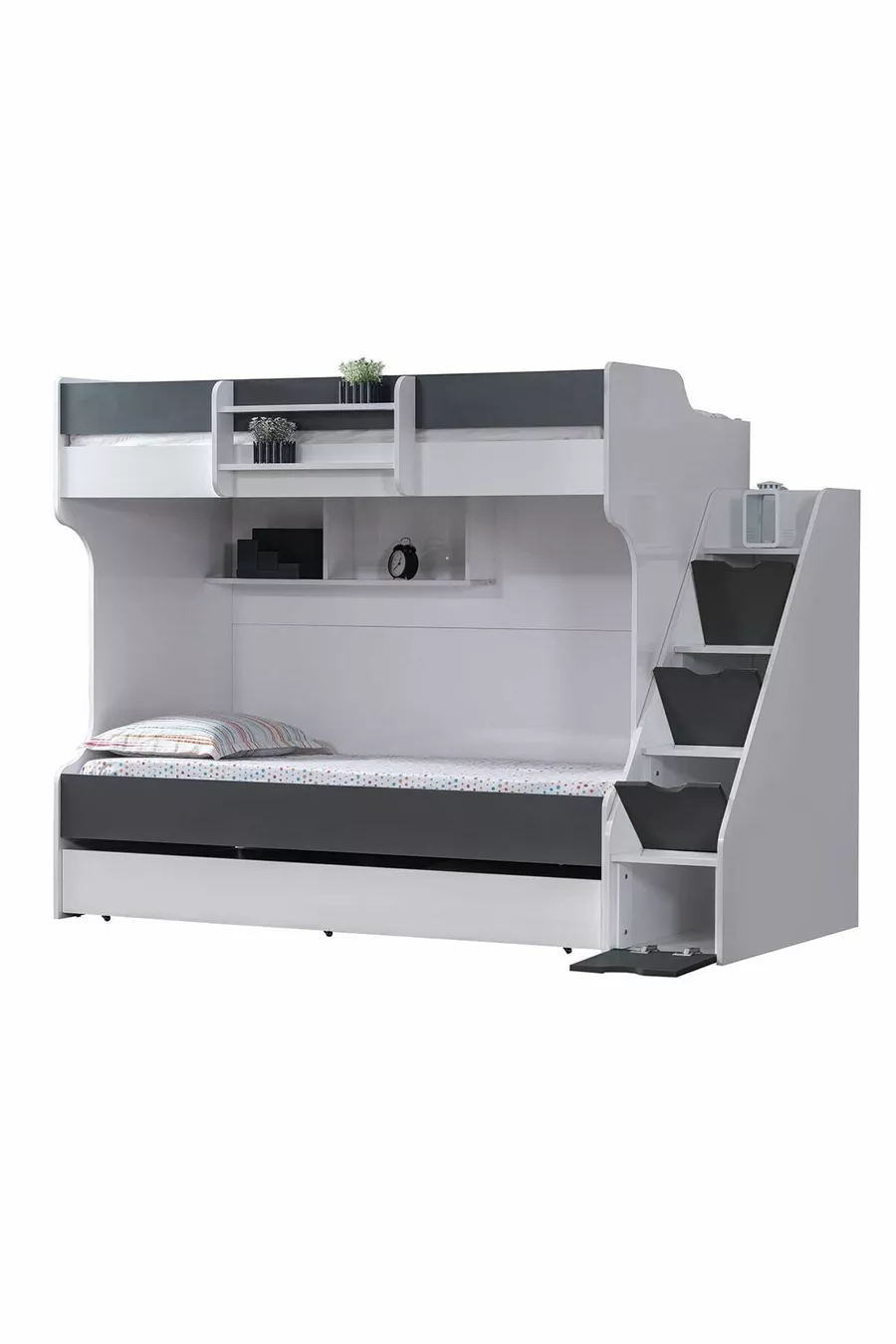 Bunk Bed, Kardem Bunk Bed with Drawer - Anthracite 2 Comfort Mattresses