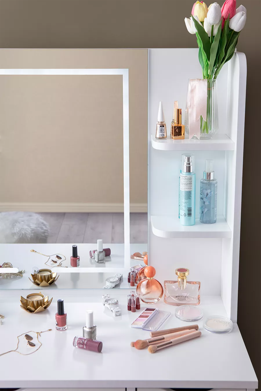 Coiffeuse Miroir Tactile à LED avec 6 Tiroirs, Niveau de Lumière Réglable Diva, Blanche
