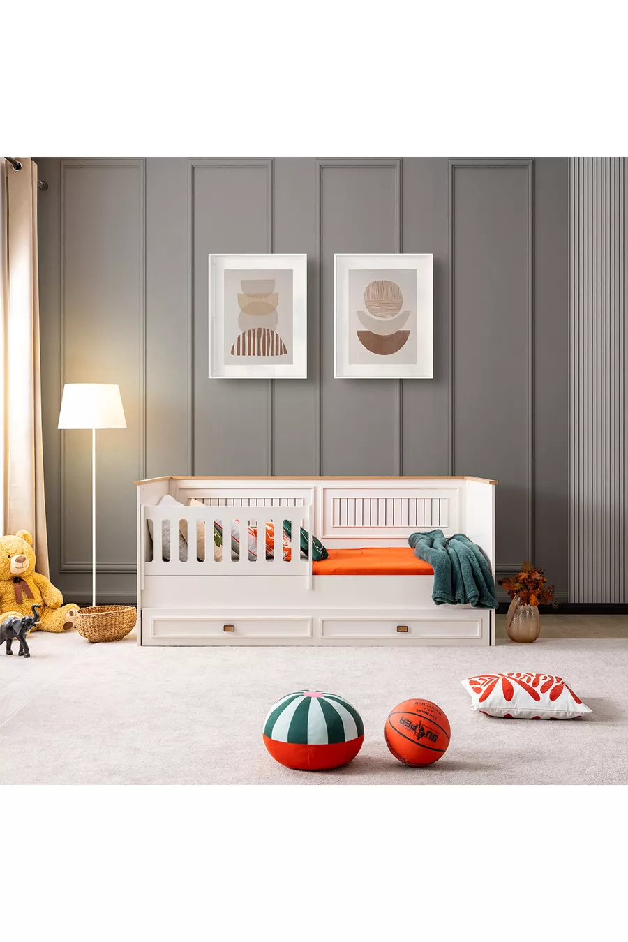 Chambre d'enfant, Armoire Zenit à 3 portes, Lit en sofa avec barrières pour enfants