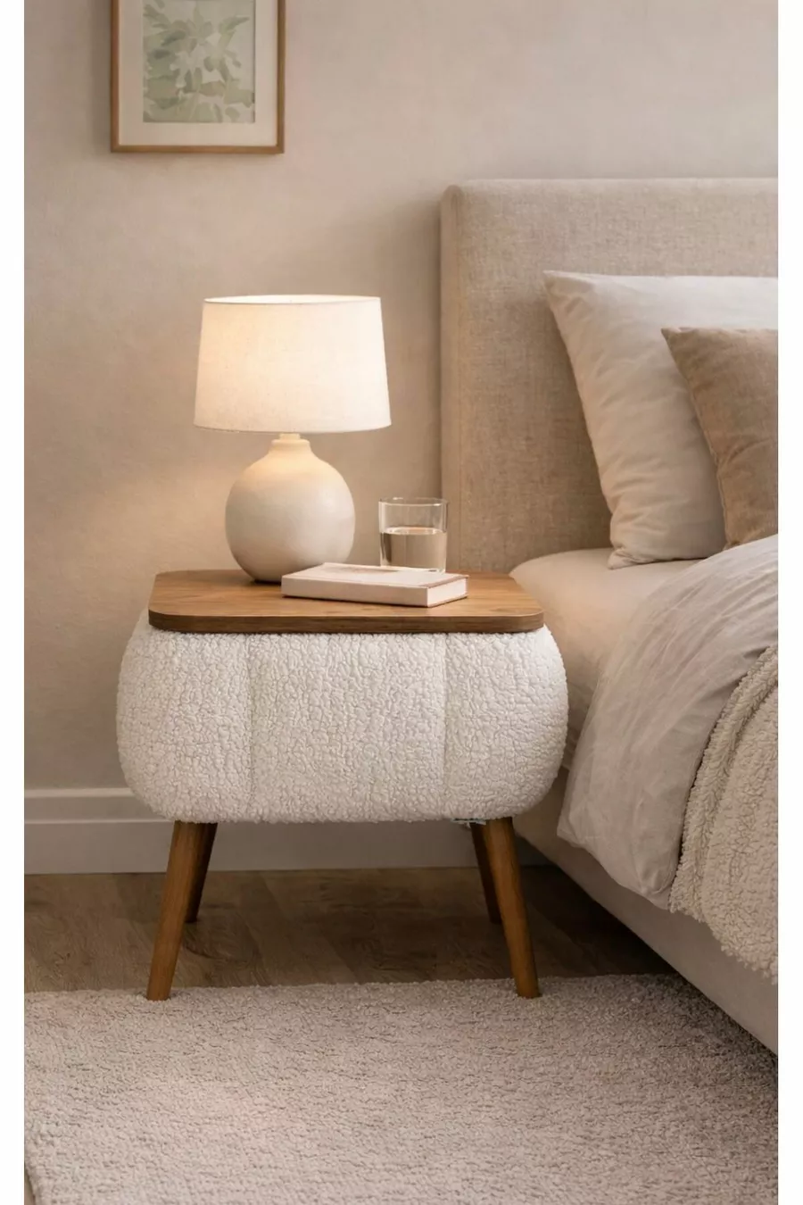 Lina Sandıklı Nachtkastje, Modern Nachtkastje met Houten Poten en Teddy Stoffering