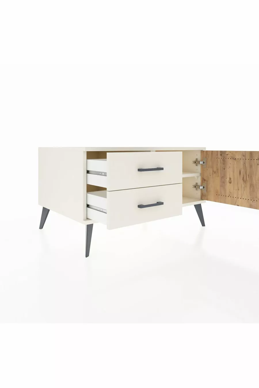 Commode Kronos à une étagère, 2 tiroirs et une porte, Pierre de Lune-Sapin/Pierre de Lune