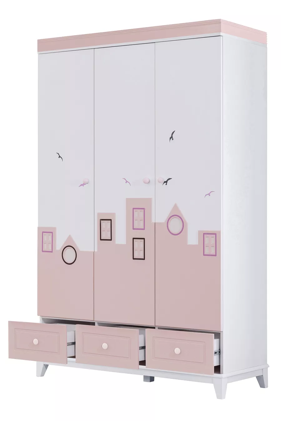 Camera per Bambini Montessori - Armadio a 3 Ante City Montessori, Letto con Cassetti - Rosa