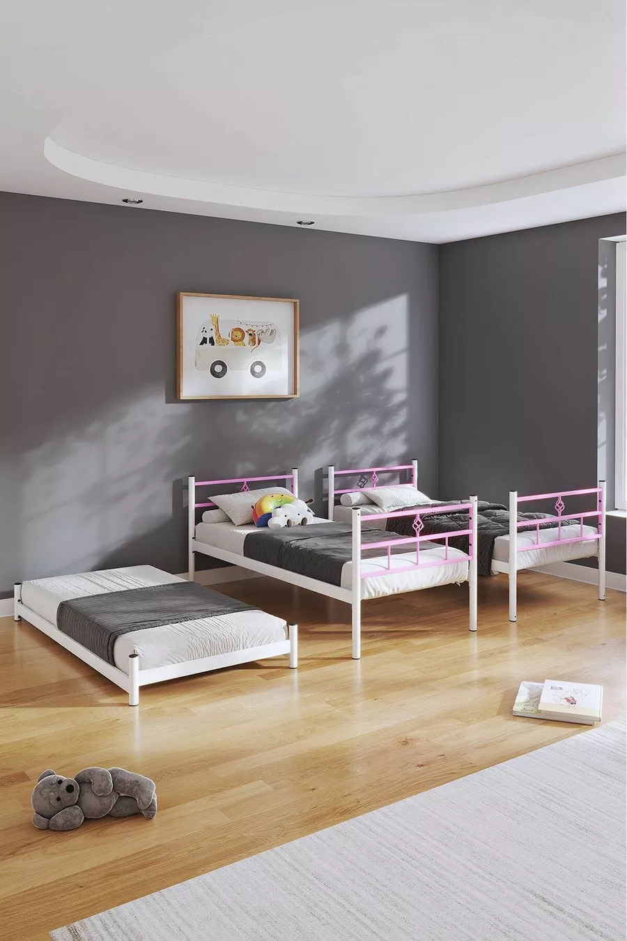 Lit superposé Koza avec tiroir pour 3 personnes, compatible avec matelas, métal rose clair