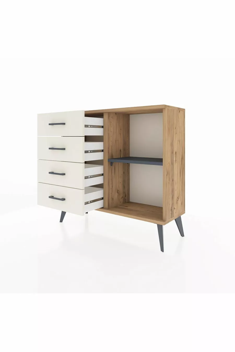 Commode Arges à une étagère et 4 tiroirs Pin-Anthracite/Marbre