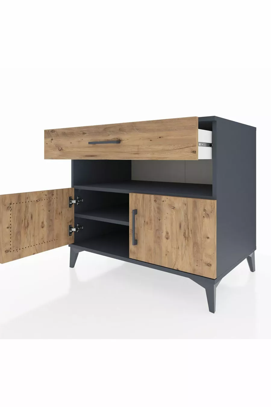 Commode Kronos avec 2 étagères, 1 tiroir et 2 portes, Anthracite-Sapin