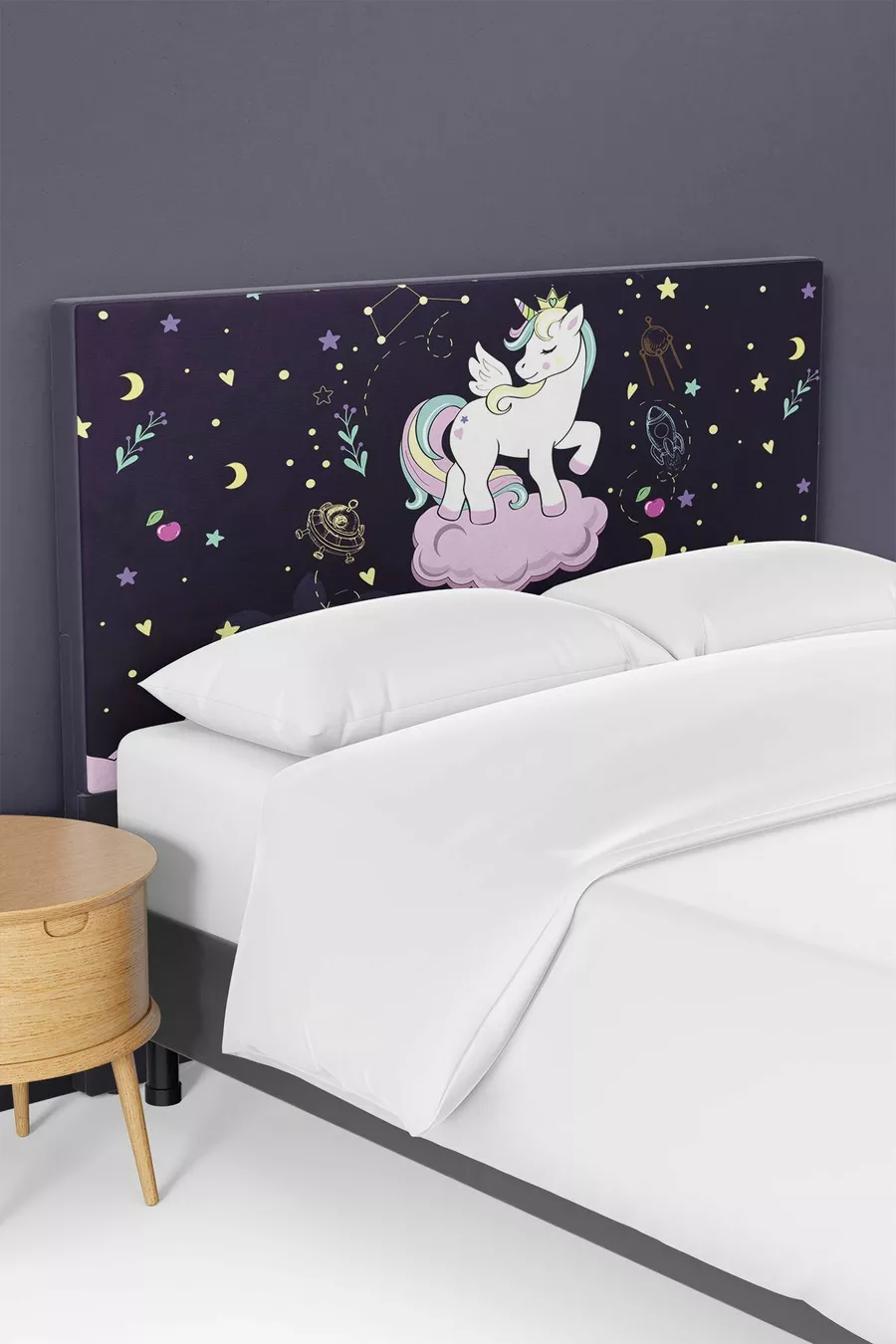 Housse de tête de lit avec motif licorne violet pour chambre d'enfant
