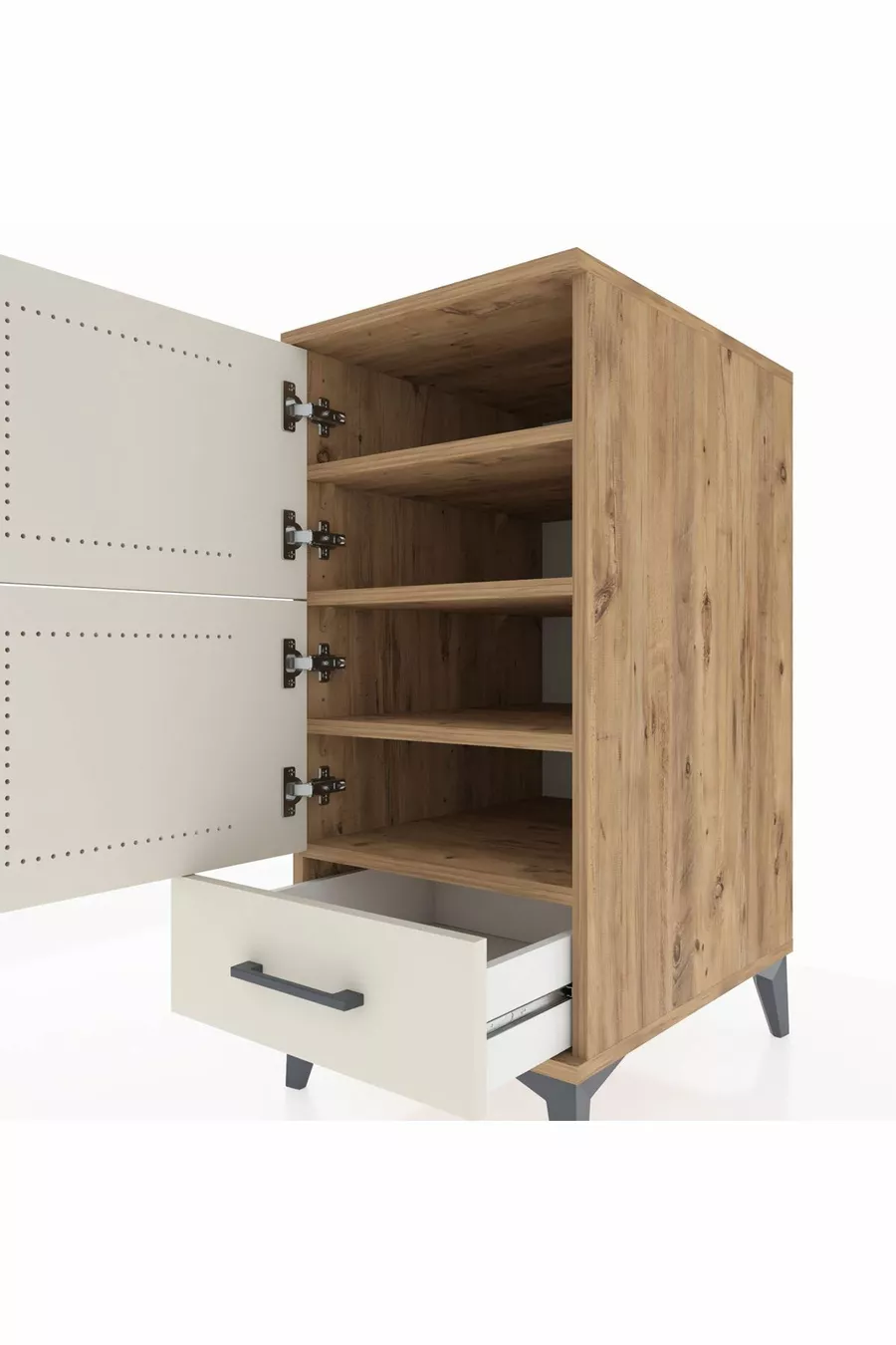 Table de chevet Kronos avec 4 étagères, 1 tiroir et 1 porte, en pin-pierre d'ardoise