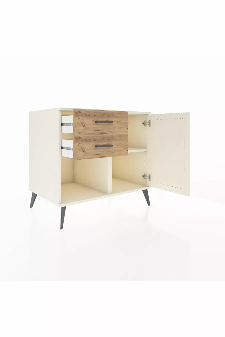 Commode Kronos à une étagère, 2 tiroirs et une porte, Pierre de Lune / Pin
