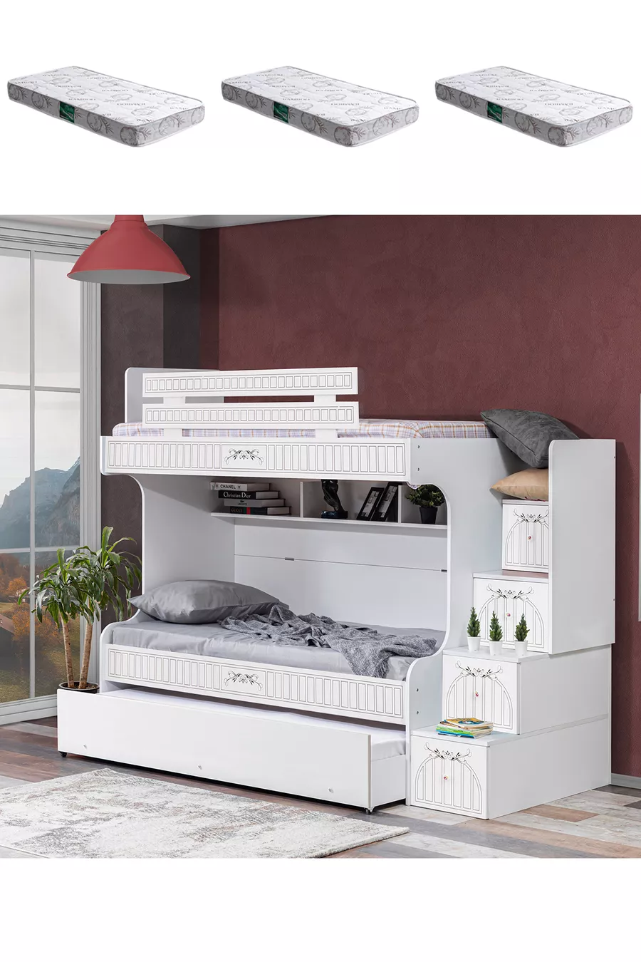 Lits superposés, Lits superposés London avec couchette + 3 matelas Comfort